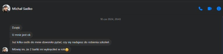 Zrzut ekranu rozmowy z Michałem Sadko z 18 czerwca 2024. Ostatnia wiadomość: „Mówię im, że 2 bańki mi wykręciłeś w rok”.